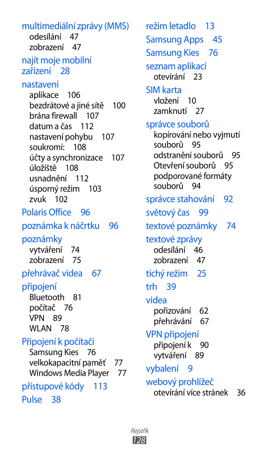 Samsung GT-P7300FKABGL manual 106, 100, Datum a čas Nastavení pohybu , 108, 107, 112, 103, Otevírání , Počítač , Wlan  